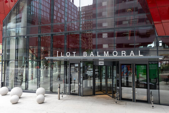 Montreal, Canada - July 5, 2025: Ilot Balmoral building entrance, prominent architectural landmark in Montreal.