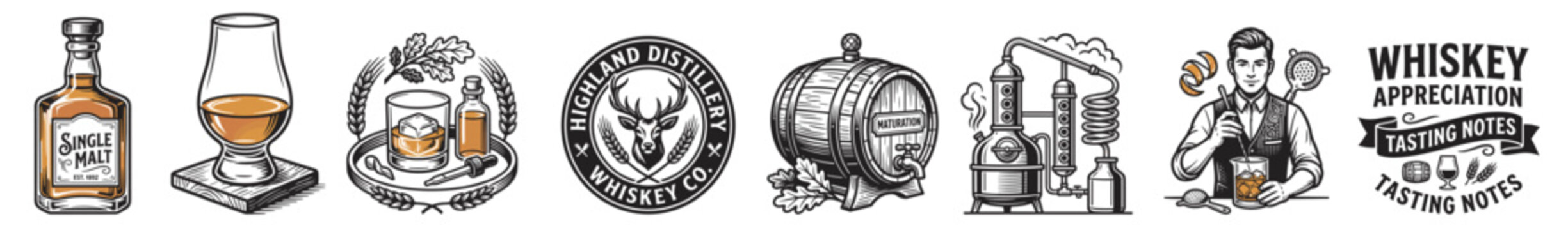 whiskey tasting vector icon set, bottle glass barrel distillery and vintage emblem designs isolated on transparent background