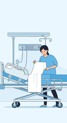 Fototapeta premium Hospital Room Scene Depicting Medical Professional Preparing Bedding for Patient Care