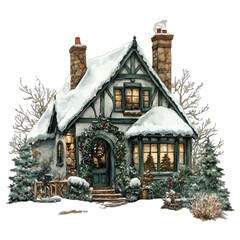Watercolor Winter Christmas Cottage with Snowy Roof Wreaths and Glowing Windows