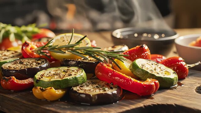 Grilled vegetables arrangement displayed on wooden surface