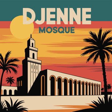 Djenne Wall Art, Mali mosque poster featuring bold typography and gradient teal-to-orange sunset sky vintage design