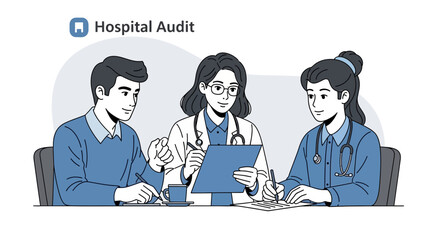 Fototapeta premium Hospital Team Conducting An Audit Reviewing Data And Documents With Detailed Analysis