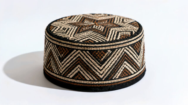 Traditional embroidered peci hat with geometric ethnic pattern isolated on white background