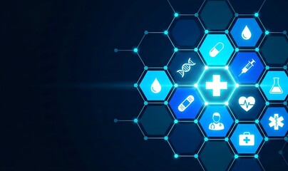 Glowing Medical Icons on Blue Hexagonal Digital Healthcare Network Background