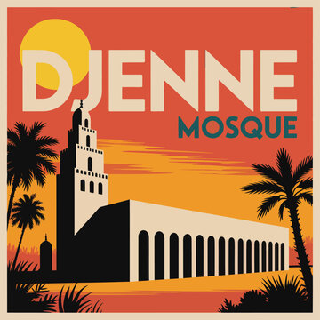 Djenne Mosque Poster, white and teal text with vibrant sunset sky in retro travel poster style wall art print