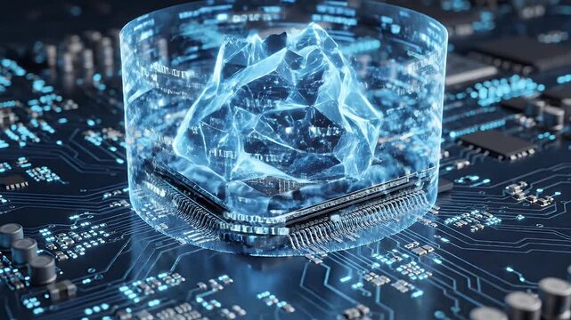 A glowing blue crystal shard hovers over a complex circuit board, emanating energy