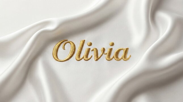 Gold embroidery of the name Olivia on rich white silk, detailed close-up of embroidered letters, wavy fabric surface, luxurious custom name decoration, panoramic composition.