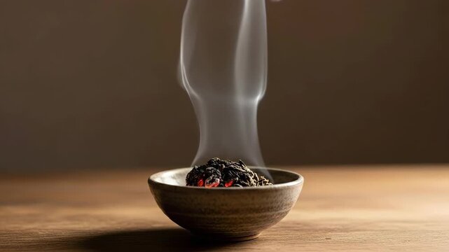 Dried herbs burning in ceramic bowl on wooden table, serene ambiance, relaxation concept