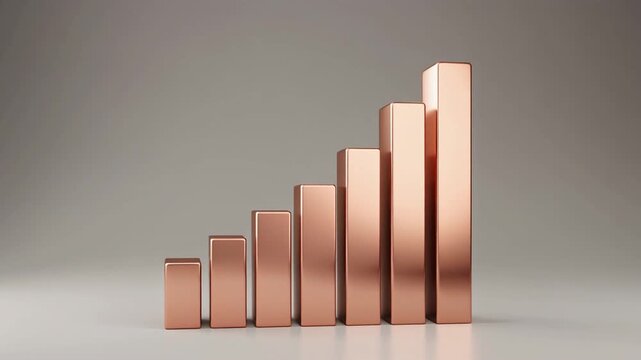 Rising copper bars in ascending order on a gray gradient background forming a 3D bar chart from a front viewpoint