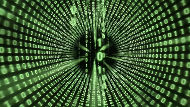 Immersive green binary code streams into a digital tunnel