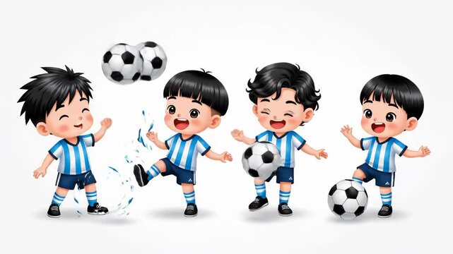 Four cartoon children playing with soccer balls in various poses isolated on white background