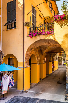 Medieval architecture on Via Roma in Monterosso al Mare, Cinque Terre, Italy. Monterosso al Mare is one of the five villages in Cinque Terre.