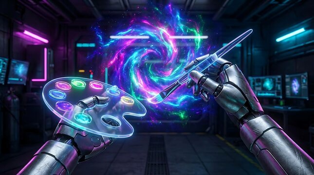 Titanium Robot Hand with Art Nebula - Future Creativity AI