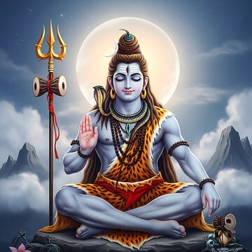 Majestic Lord Shiva Meditating in Abhaya Mudra, Blue Skin, Crescent Moon, Trishul, Serene Himalayan Landscape.