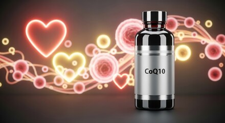 Naklejka premium CoQ10 supplement bottle with glowing hearts and cellular structures symbolizing heart health and biological function against a dark background, vibrant and glowing elements
