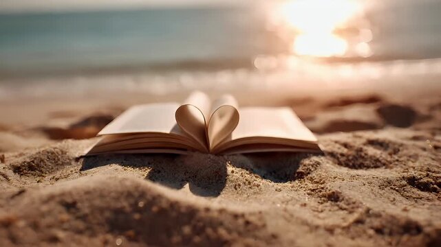 Romantic love theme for Valentines Day. An open book with a heartshaped design on the beach at sunset, with the sun casting a warm, golden light over the scene. The book is surrounded by sand.