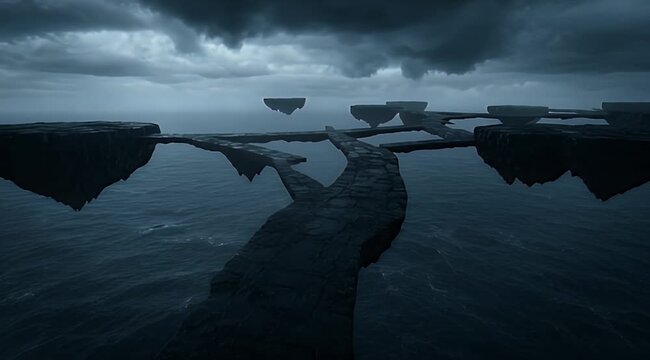 Dark, mystical floating islands connected by a stone bridge over water