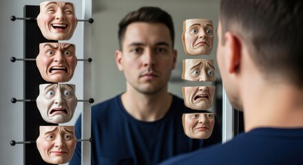 Young man reflecting on emotional identity, choosing a mask from many expressions for social pretense. He contemplates inner self versus outer persona in the mirror.