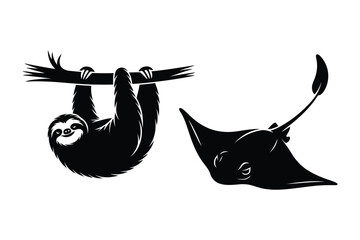 Fototapeta premium Smiling Sloth on Branch and Manta Ray Ocean Animal Silhouettes