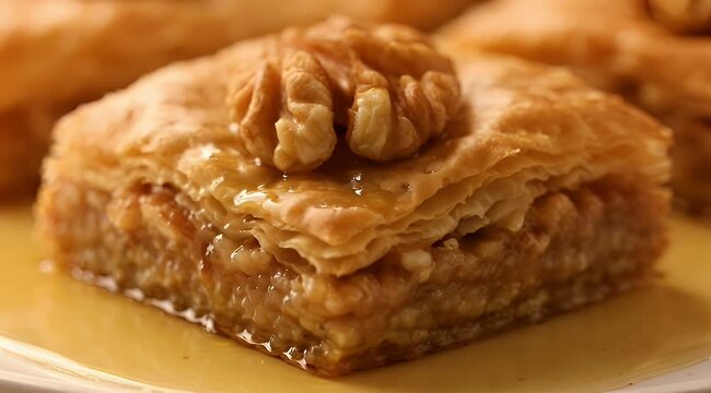 Delicious and golden baklava with walnut topping, drenched in honey syrup