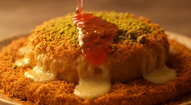 Delicious and decadent Kanafeh being drizzled with syrup, a traditional Middle Eastern dessert