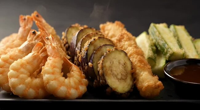 Assortment of crispy and golden Japanese tempura including shrimp eggplant and zucchini