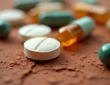 Extreme macro pharmaceutical tablets on raw terracotta clay. White and green pills with embossed score lines, chalky matte texture, micro-granules visible. Warm honey, rust, forest tones. Soft