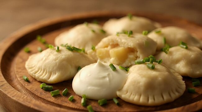 Close up shot of potato and cheese pierogi with chives and sour cream