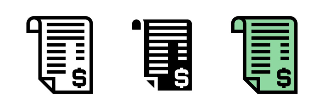 Conjunto de iconos de factura monetaria. Documentaci&oacute;n contable, registro de ingresos, comprobante de pago, control presupuestario, gesti&oacute;n administrativa. Ilustraci&oacute;n vectorial