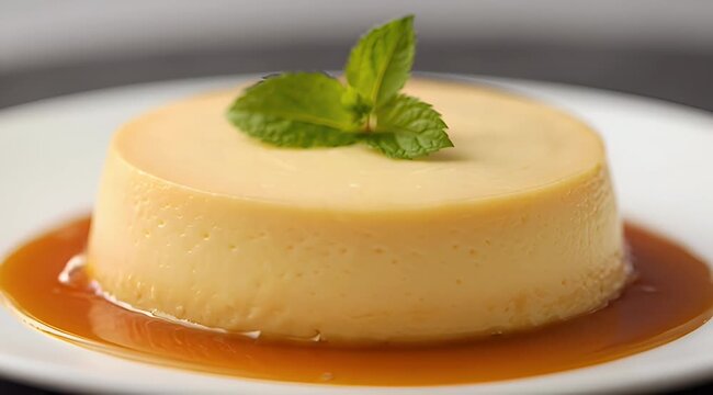 Close up of a creamy flan dessert topped with fresh mint leaves