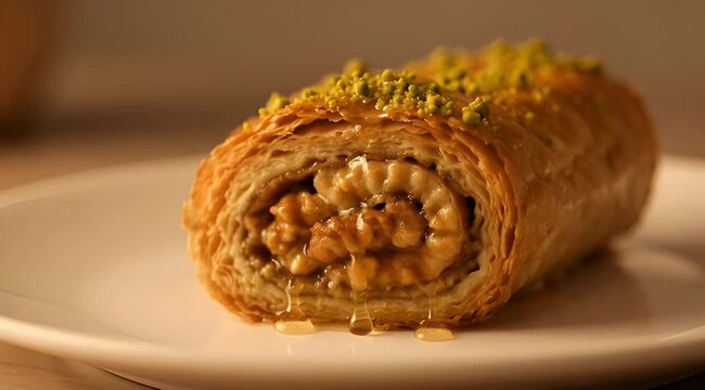 Close up view of a delicious baklava roll dessert with nuts