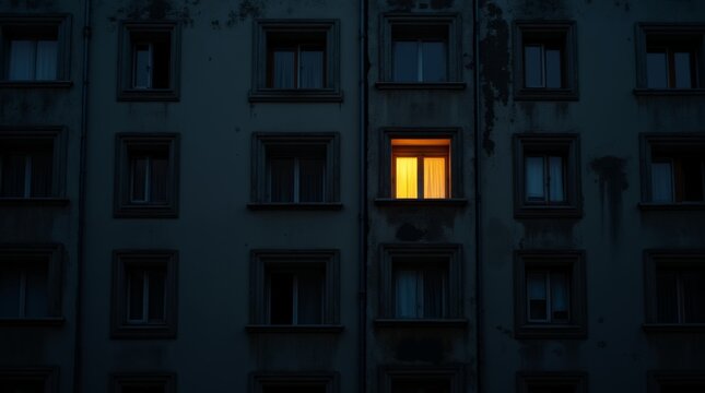Single lit apartment window in a dark residential building during an urban blackout, showing contrast between warm indoor light and dim city surroundings at night