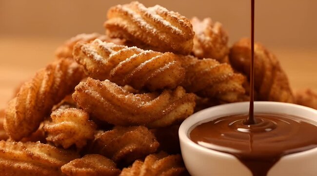 Delicious churros piled high being drizzled with rich chocolate sauce