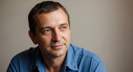 Obraz premium Portrait of a middle aged man in blue shirt for professional headshot and website profile banner design