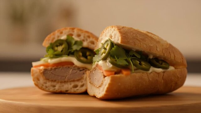 Delicious Vietnamese Banh Mi Sandwich with Liver P&acirc;t&eacute; and Fresh Vegetables