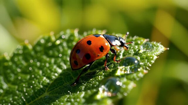 A close-up of a ladybug perched on a dew-kissed leaf, with blurred green foliage in the background