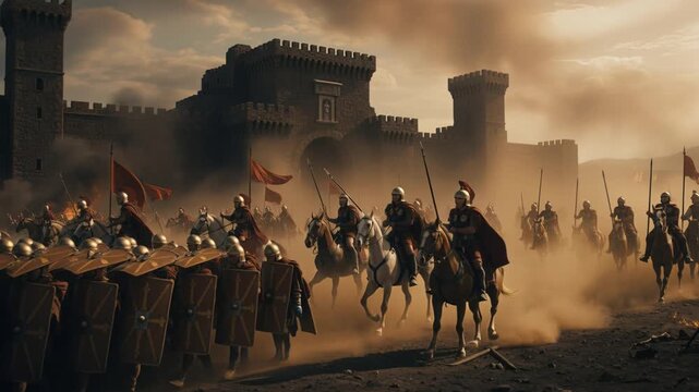 Military forces assault castle as smoke and fire fill evening sky