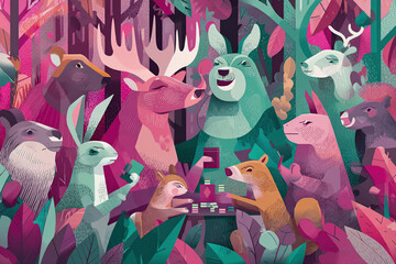 Whimsical forest animals gather for a meeting in vibrant colors