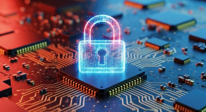 Digital security illuminated padlock on computer chip data protection concept