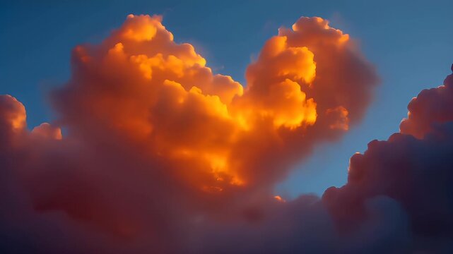 Romantic love theme for Valentines Day. A heartshaped cloud formation in the sky, illuminated by a warm, golden hue, creating a serene and romantic atmosphere.