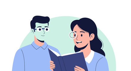Fototapeta premium Illustration Of A Man And A Woman Sharing And Enjoying Reading A Book Together