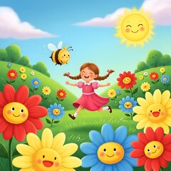 Happy girl playing in colorful flower field on sunny day