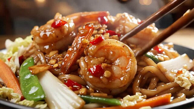 Close up of a plate of noodles with shrimp and vegetables culinary presentation