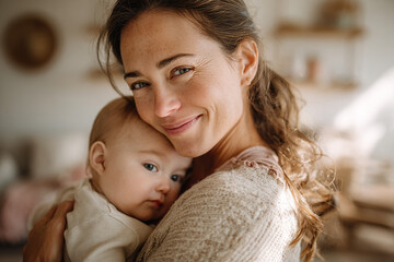 Loving mother embracing her adorable baby with warm smile