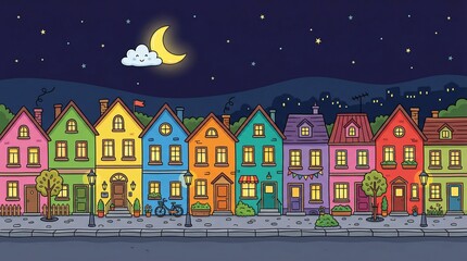 Colorful Cartoon Houses at Night with Crescent Moon &ndash; Whimsical Cityscape Illustration
