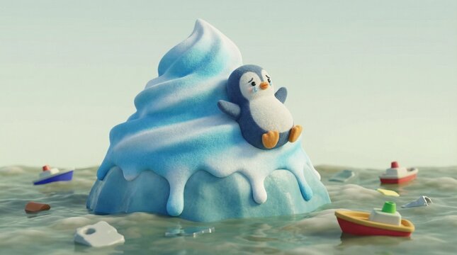 溶ける氷山とペンギン