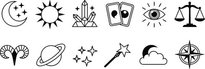 Mystical astrology and magic line icons set, moon sun crystals tarot eye scales isolated on white background © Julfikar