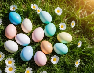 Bunte Ostereier auf gr&uuml;nem Fr&uuml;hlingsgras mit G&auml;nsebl&uuml;mchen im warmen Sonnenlicht. von oben