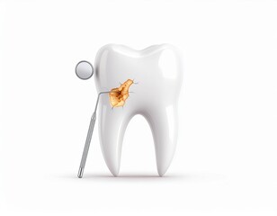 Symbolische Darstellung eines Zahns mit Karies und zahn&auml;rztlichem Instrument auf hellem Hintergrund.